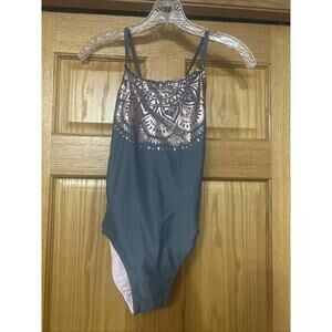 Justice Sport One Piece Reversible Swimsuit UPF 50 Shine Grey Rose Gold Size 12